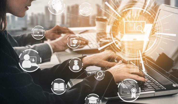 E-learning and Online Education for Student and University Concept. Graphic interface showing technology of digital training course for people to do remote learning from anywhere.