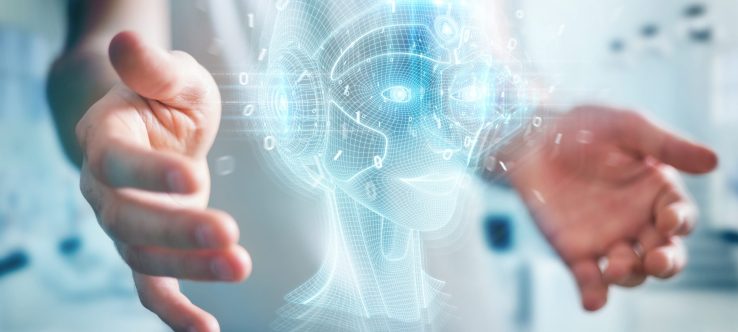 Businessman on blurred background using digital artificial intelligence head interface 3D rendering