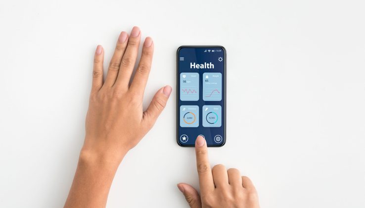 Woman Using Smartphone With Daily Physical Activity Tracking App. Unrecognizable Female Monitoring Heart Rate, Weight, Walked Distance And Steps With Mobile Application, Creative Collage, Top View