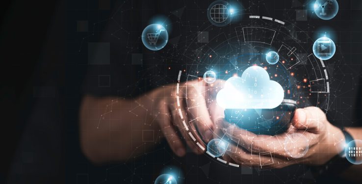 Businessman using smartphone with virtual cloud computing technology transformation and internet of thing. Cloud technology management big data include business strategy , customer service.