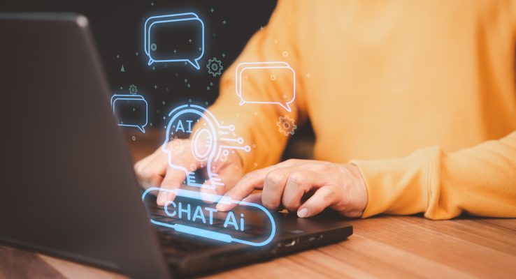ChatGPT Chat with AI, Artificial Intelligence. Adult man chatting with a smart AI or artificial intelligence using an artificial intelligence chatbot developed, Futuristic technology transformation.