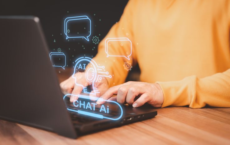 ChatGPT Chat with AI, Artificial Intelligence. Adult man chatting with a smart AI or artificial intelligence using an artificial intelligence chatbot developed, Futuristic technology transformation.